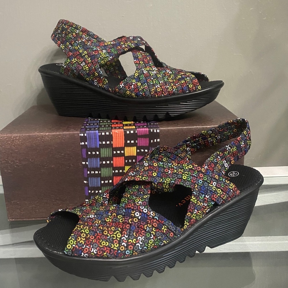 Bernie Mev Brighten Dazzle Multi Color Woven Wedge Sandals 8 Memory Foam